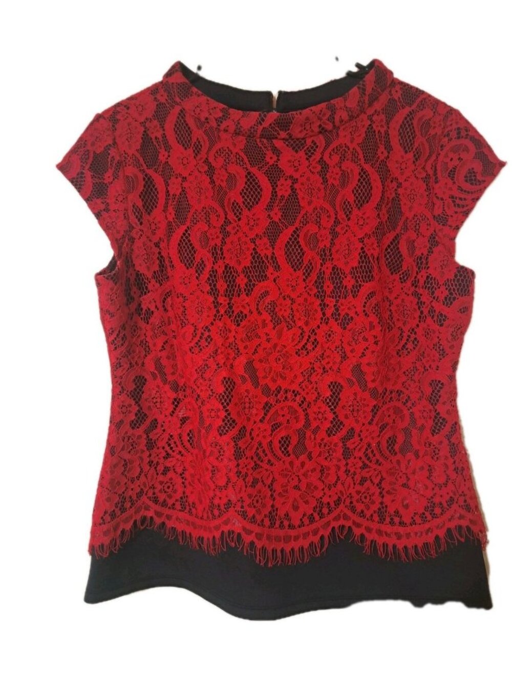 7th Avenue Design Studio Womens Red Black Lace Top Xlarge Capsleeve Holiday